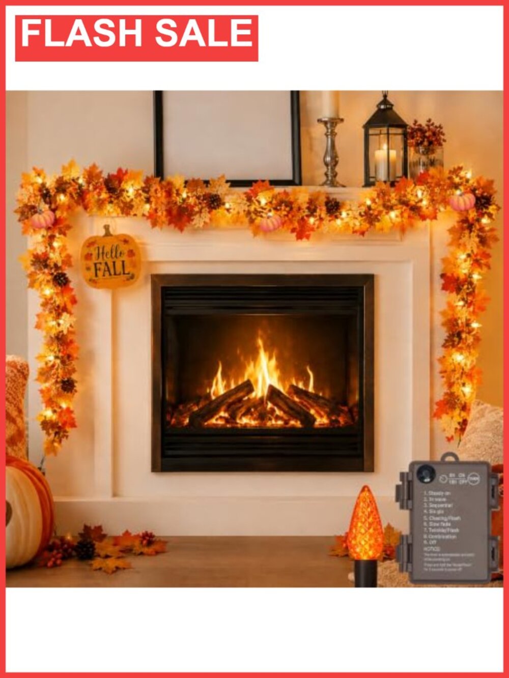 10FT Lighted Fall Garland Battery Operated Orange C6 Lights Maple Leaf